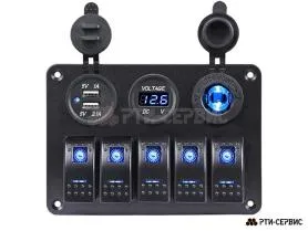 Панель из 5 переключателей с разъёмами 12V (прикуриватель), 2 USB (2.1A + 1A), вольтметр 12-24В Панель из 5 переключателей с разъёмами 12V (прикуриватель), 2 USB (2.1A + 1A), вольтметр 12-24В