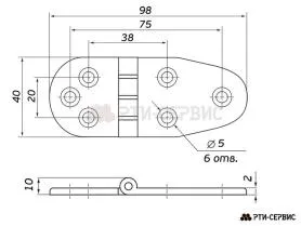 Петля накладная листовая 98х40 мм (Ø5, 6 отверстий), нержавеющая сталь SS